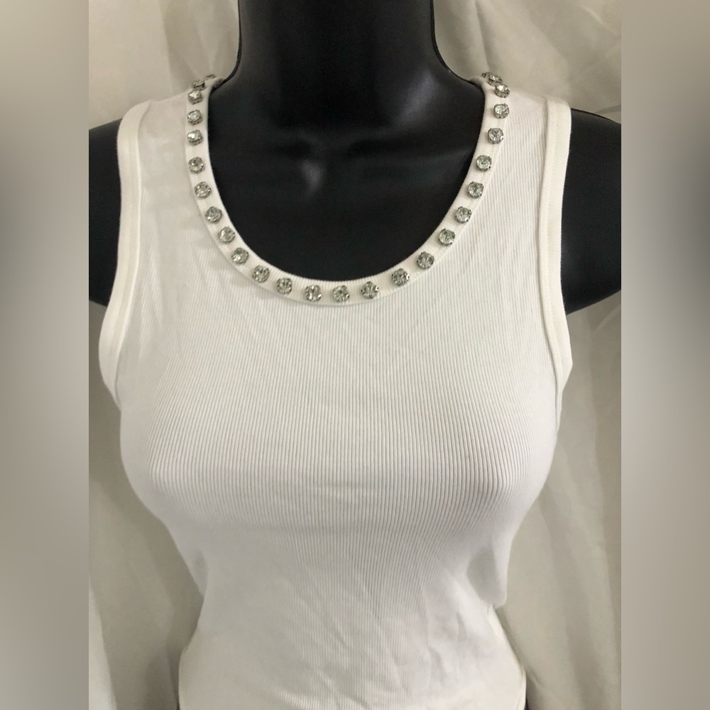 CZ studded neckline white sleeveless tank style‎ bodysuit size small brand new